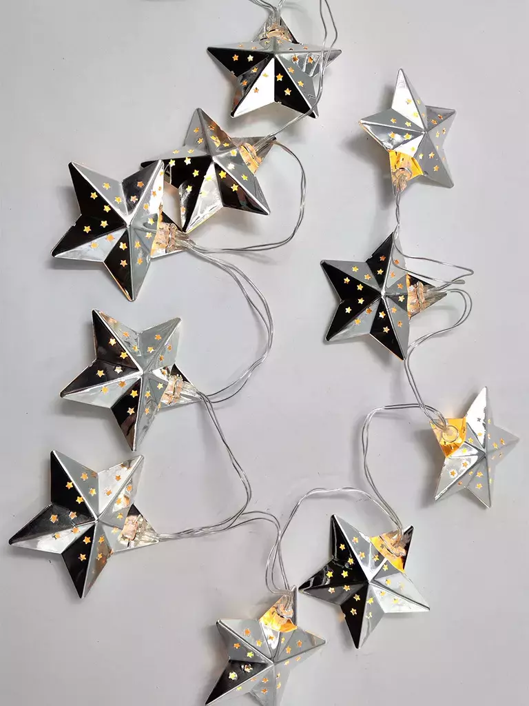 GUIRNALDA X10 LUCES ESTRELLAS METAL PLATEADAS