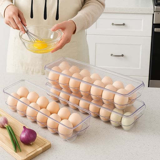HUEVERA PARA 14 HUEVOS CON TAPA RAYADA ACRILICO