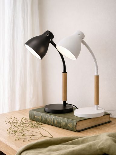 LAMPARA DE ESCRITORIO CON MADERA Y FLEX BASE CIRCULAR NEGRO