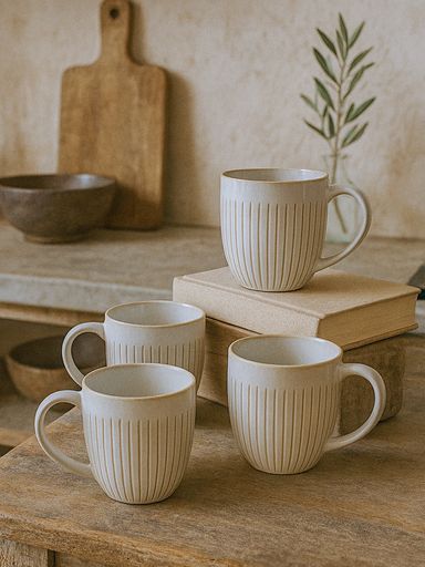 MUG BLANCO CON LINEAS VERTICALES BEIGE 350ML