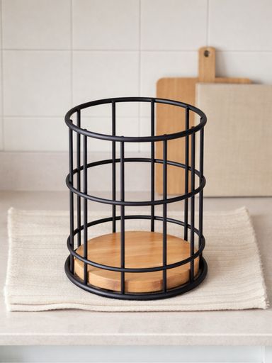 PORTA UTENSILIOS NEGRO BASE BAMBOO ALTO