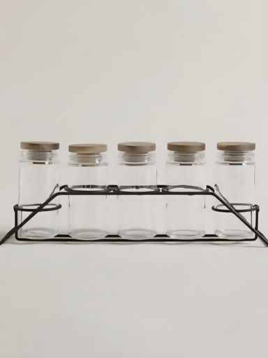SET X 5 ESPECIEROS VIDRIO Y ACACIA EN RACK 90 ML