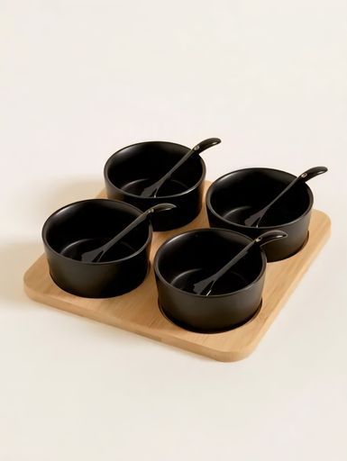 SETX4 COPETINEROS CERAMICA NEGRA CON BASE DE BAMBO