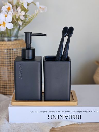 Set Dispenser y Portacepillo con Bandeja de Bamboo Negro