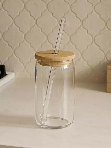 Vaso de Vidro Con Sorbete 500ml Tapa Bambu