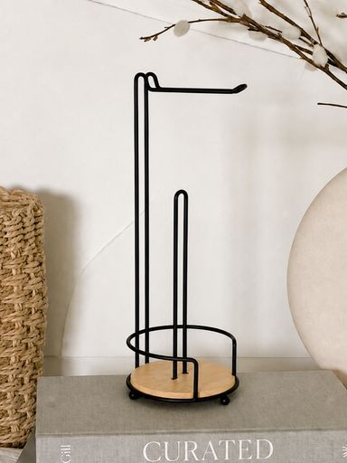 Porta rollo papel higienico de acero negro con base de bambu