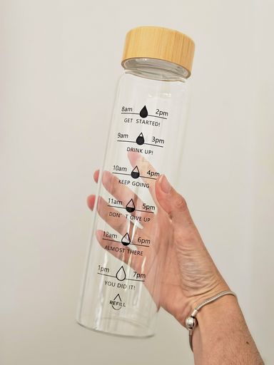 Botella de vidrio graduada con tapa de bambú 1000ml