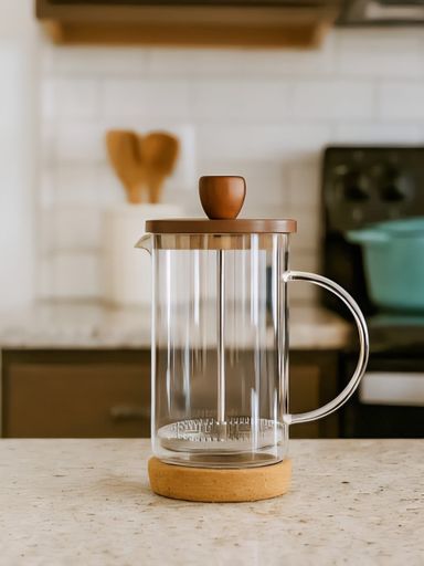 CAFETERA CON EMBOLO TAPA ACACIA Y BASE CORCHO 350